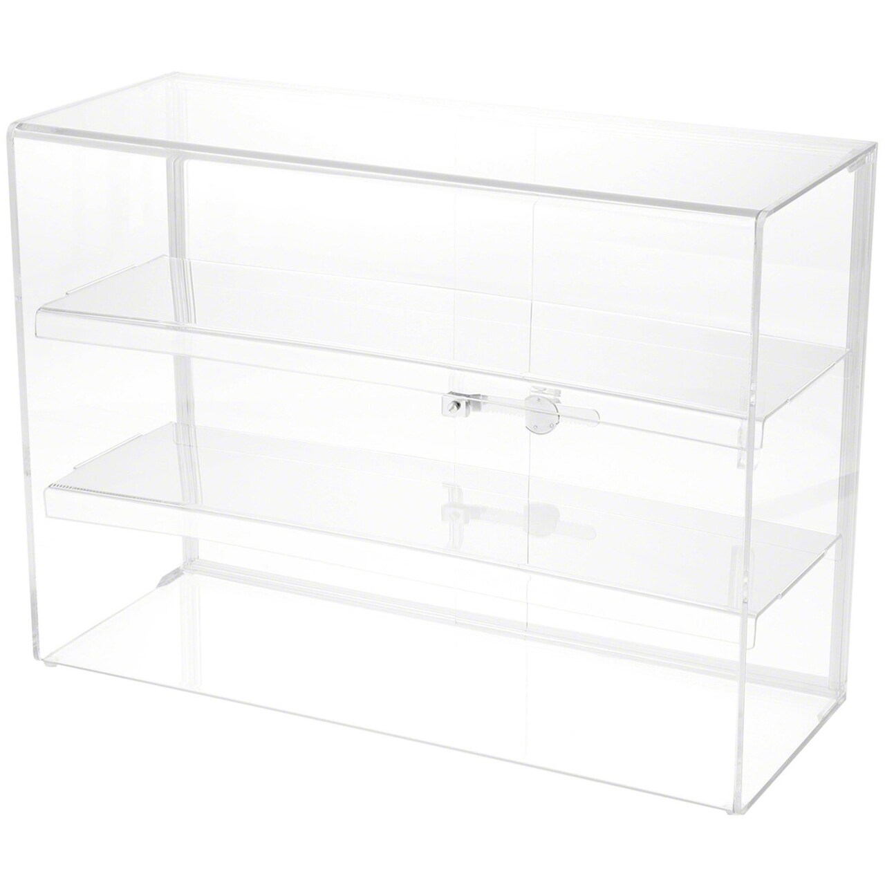 Plymor Clear Acrylic Locking Display Case with Sliding Back, 2 Shelves